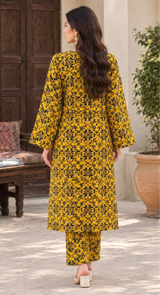 Mustard Yellow Unstitched Printed Lawn 2-Piece