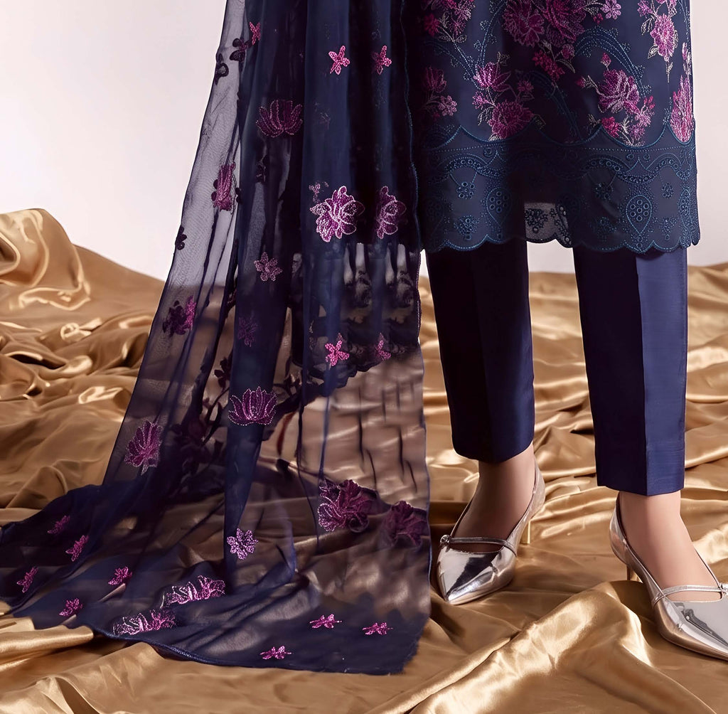 Navy Blue Embroidered Karandi 3-Piece Suit – Unstitched