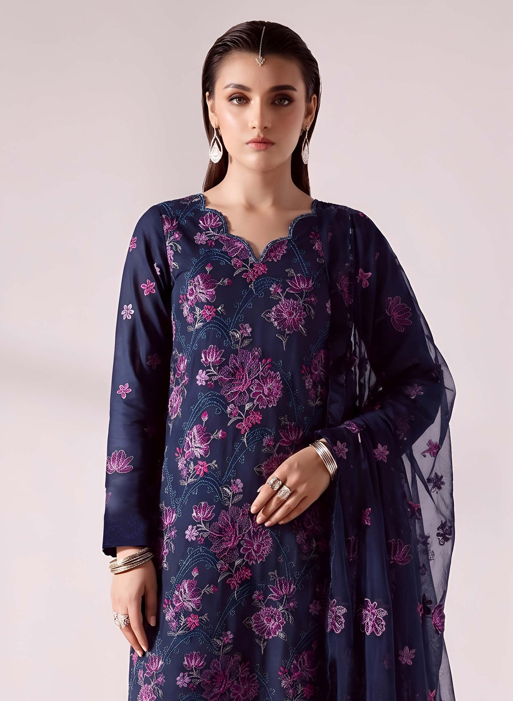 Navy Blue Embroidered Karandi 3-Piece Suit – Unstitched