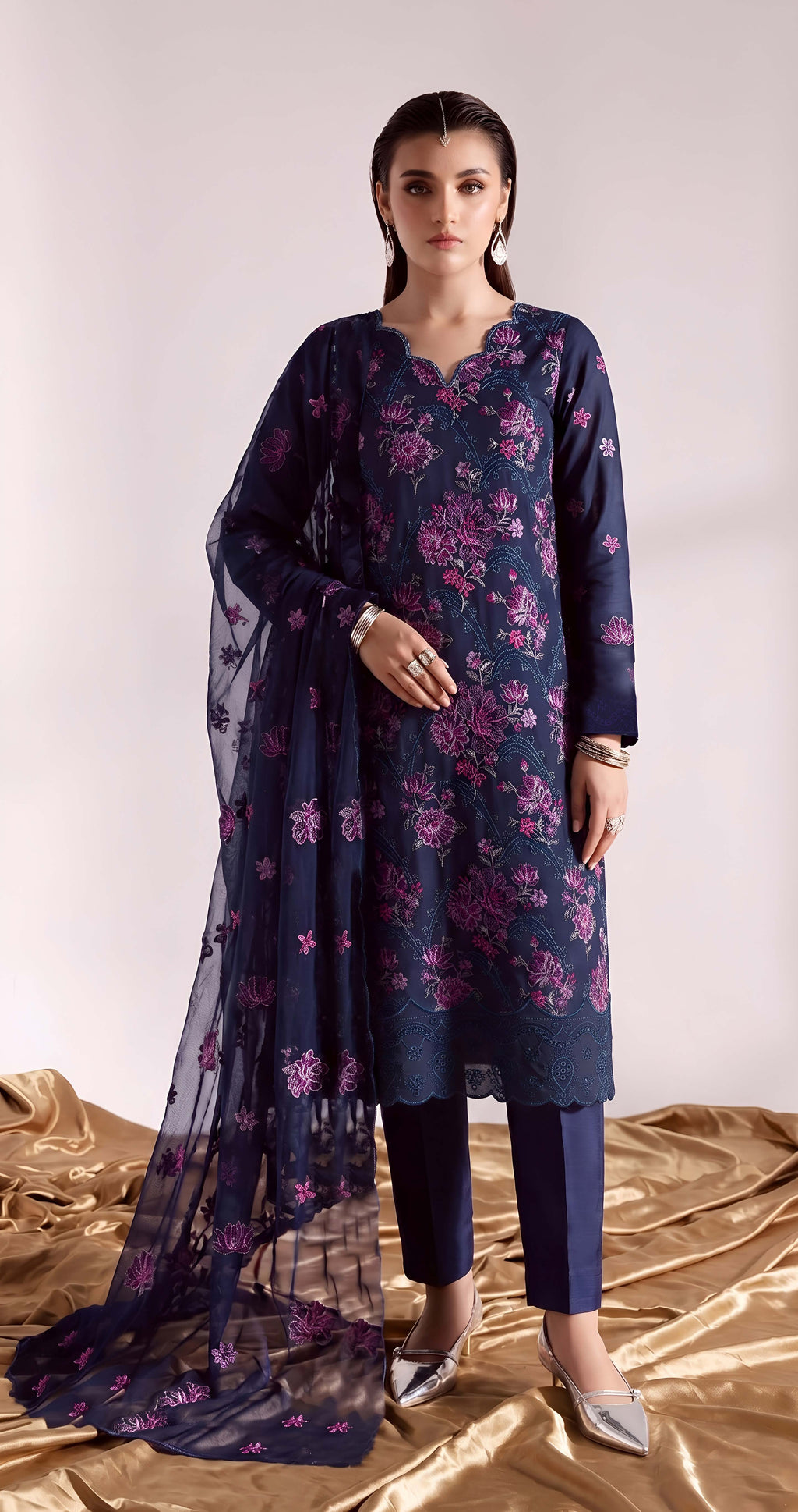 Navy Blue Embroidered Karandi 3-Piece Suit – Unstitched