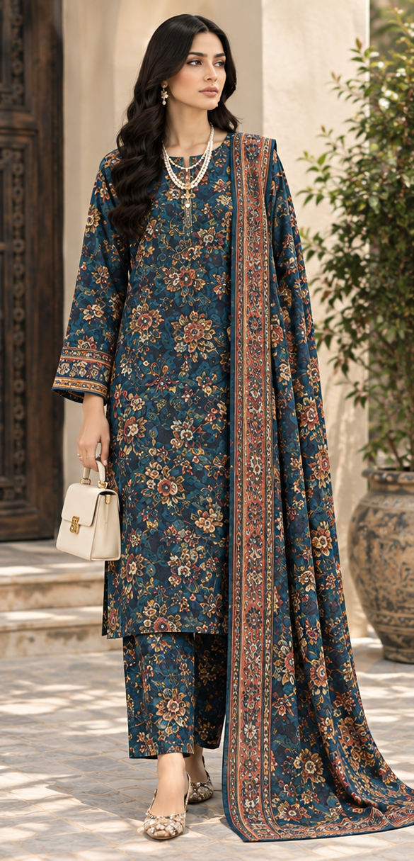 Emerald Navy Embroidered Printed Dhanak 3-Piece Suit – Unstitched