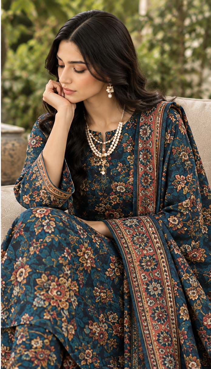 Emerald Navy Embroidered Printed Dhanak 3-Piece Suit – Unstitched