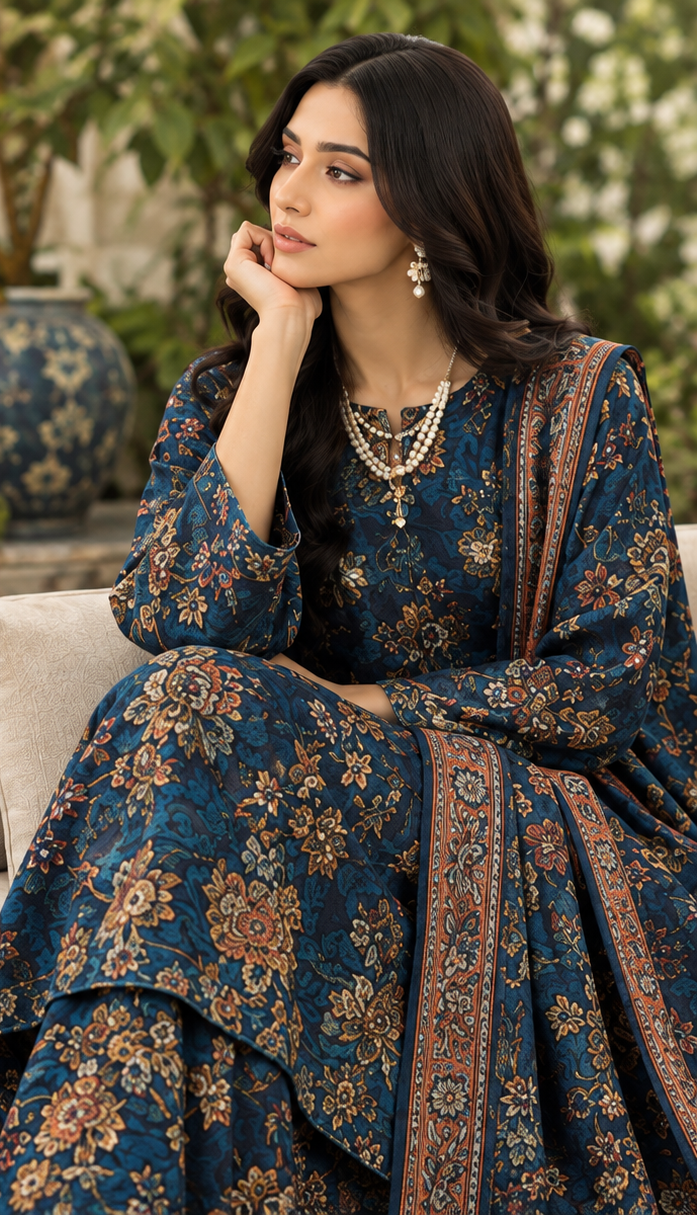 Emerald Navy Embroidered Printed Dhanak 3-Piece Suit – Unstitched