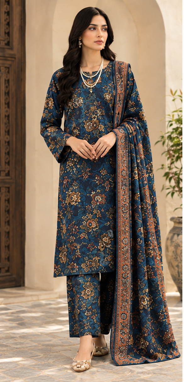Emerald Navy Embroidered Printed Dhanak 3-Piece Suit – Unstitched