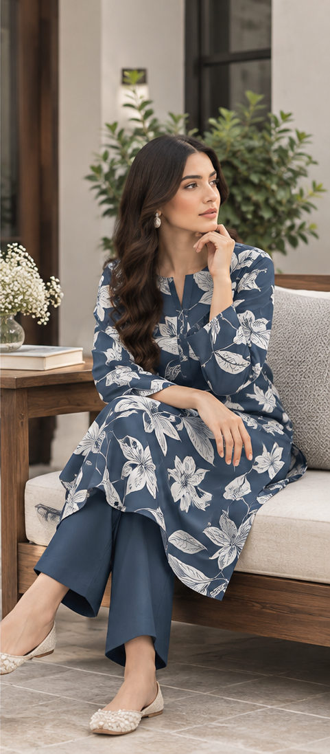 Navy Blue Unstitched Printed Lawn 2-Piece Suit