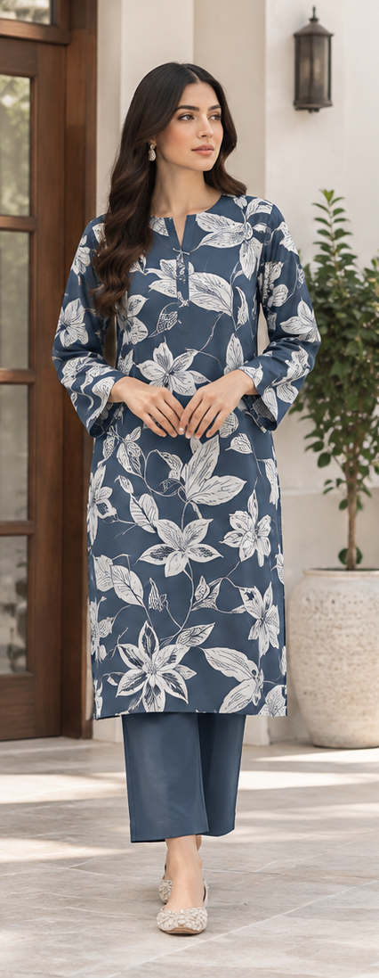 Navy Blue Unstitched Printed Lawn 2-Piece Suit