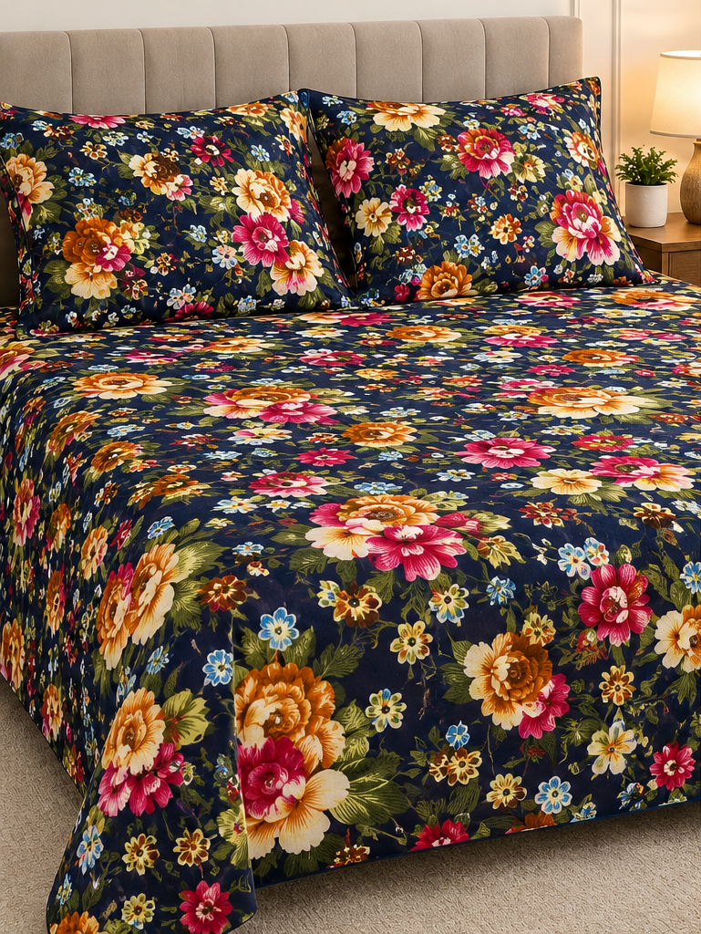 Blue Floral Crystal Cotton King Bed Set