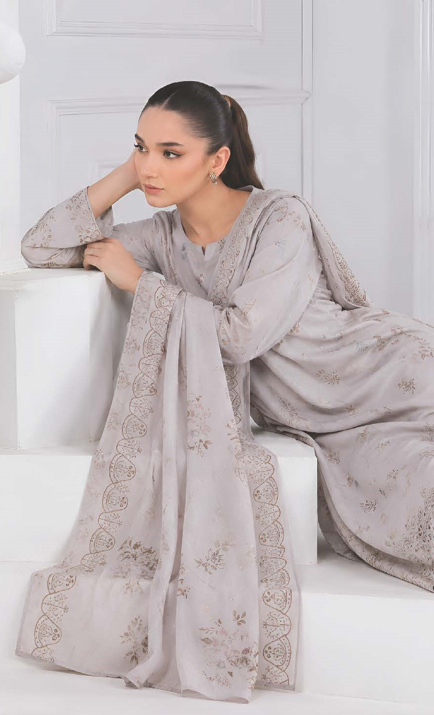 Silver Grey Embroidered Printed Dhanak with Chamki 3-Piece Suit– Unstitched