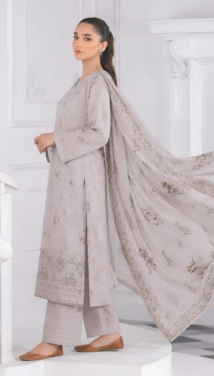 Silver Grey Embroidered Printed Dhanak with Chamki 3-Piece Suit– Unstitched