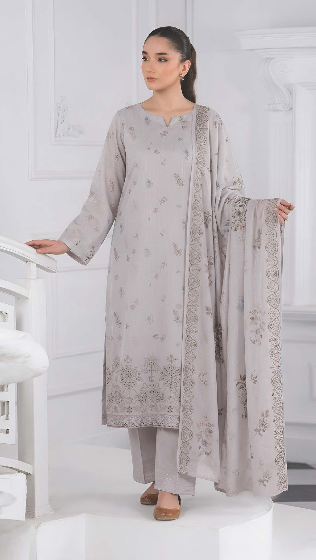 Silver Grey Embroidered Printed Dhanak with Chamki 3-Piece Suit– Unstitched