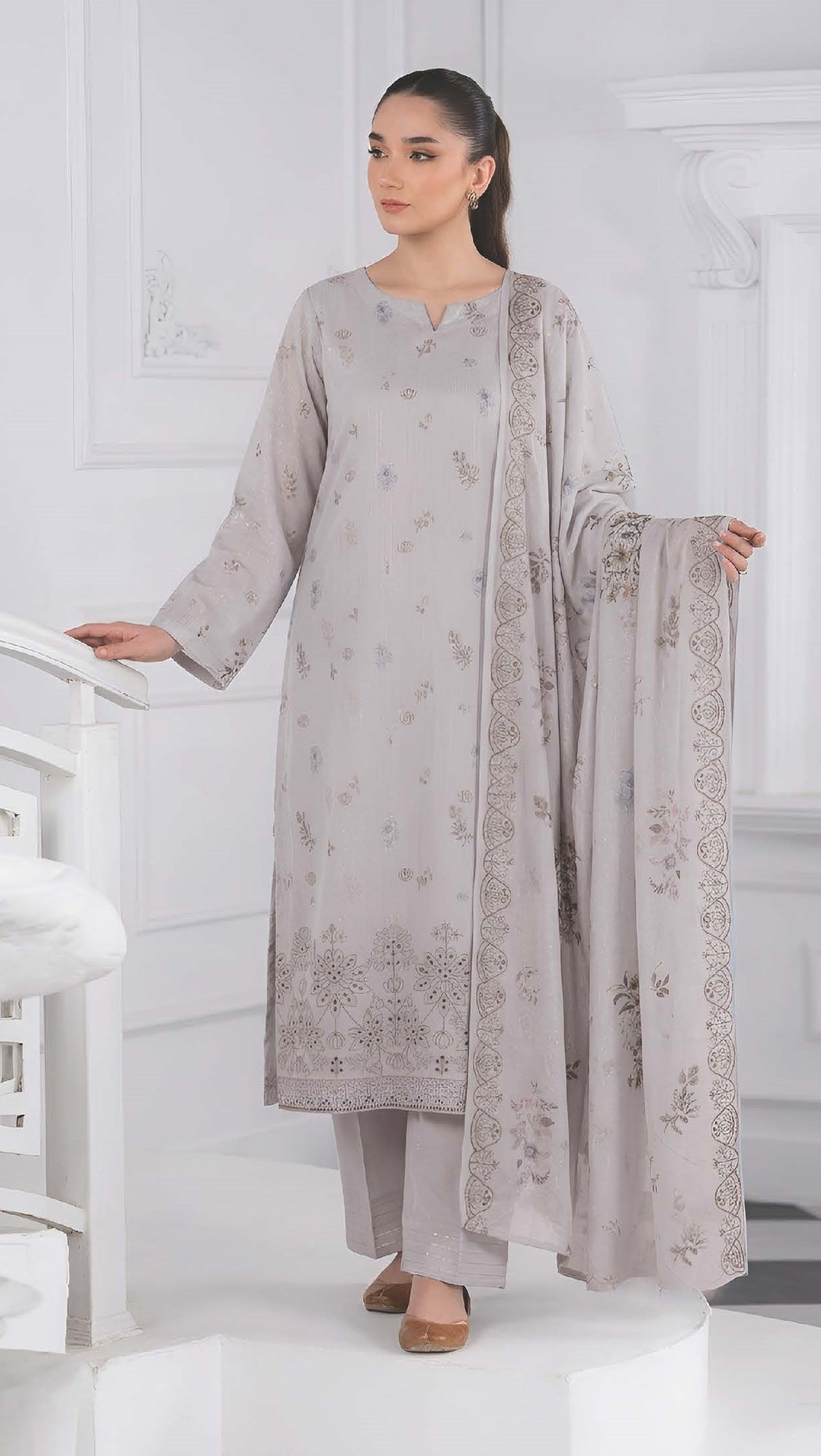 Silver Grey Embroidered Printed Dhanak with Chamki 3-Piece Suit– Unstitched