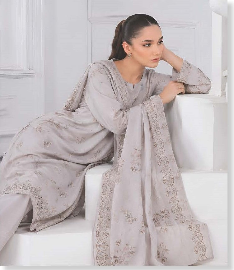 Silver Grey Embroidered Printed Dhanak with Chamki 3-Piece Suit– Unstitched