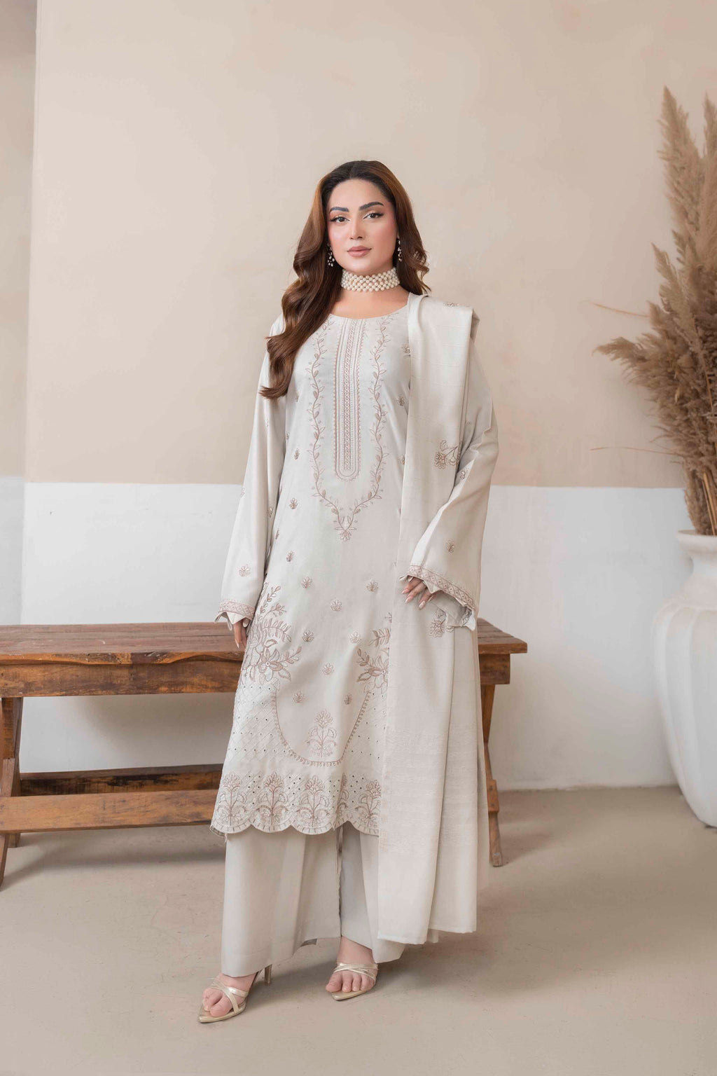 Off White Luxury Dhanak Suit With Velvet Shawl 3-Piece Suit – Unstitched