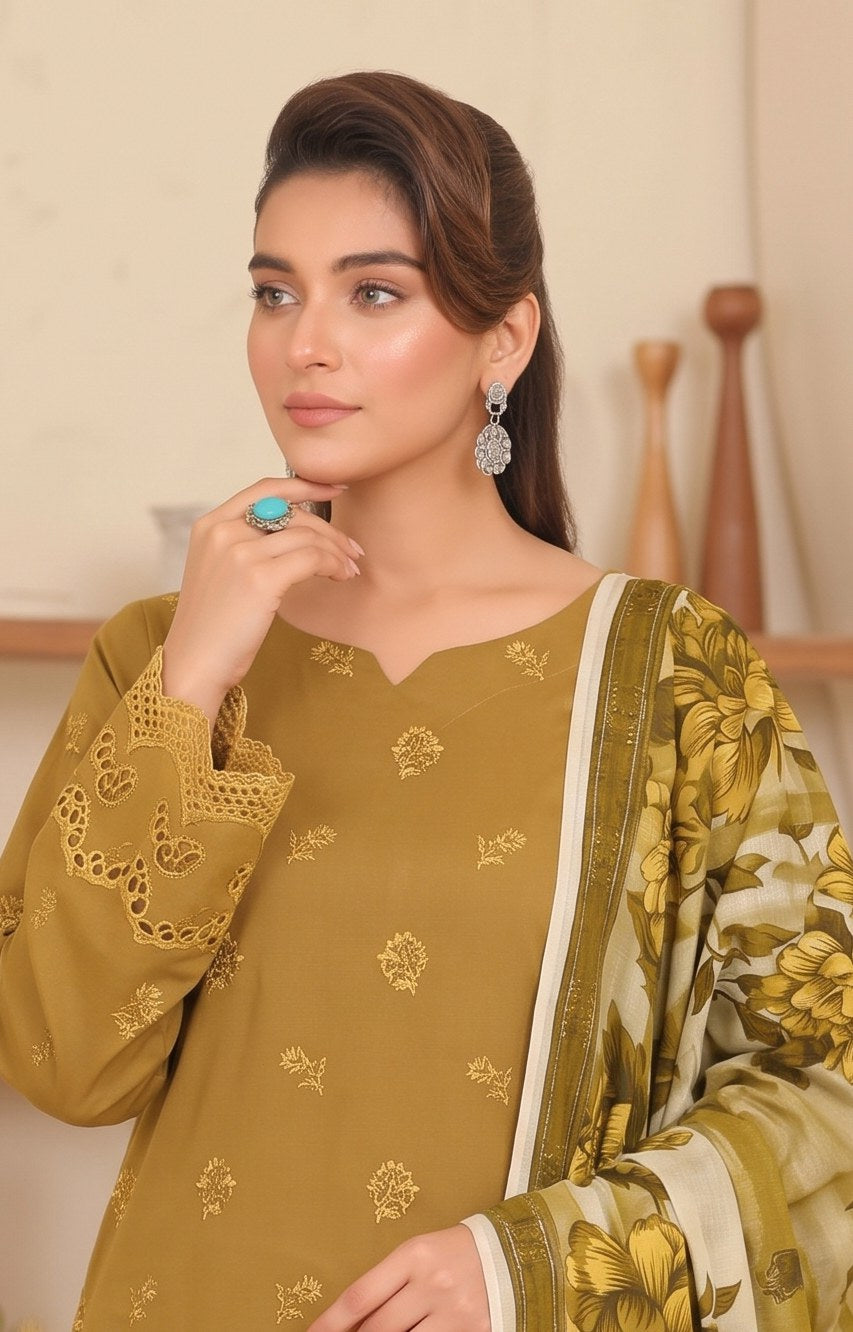 Olive Embroidered Printed Khaddar Chicken Kari 3-Piece Suit