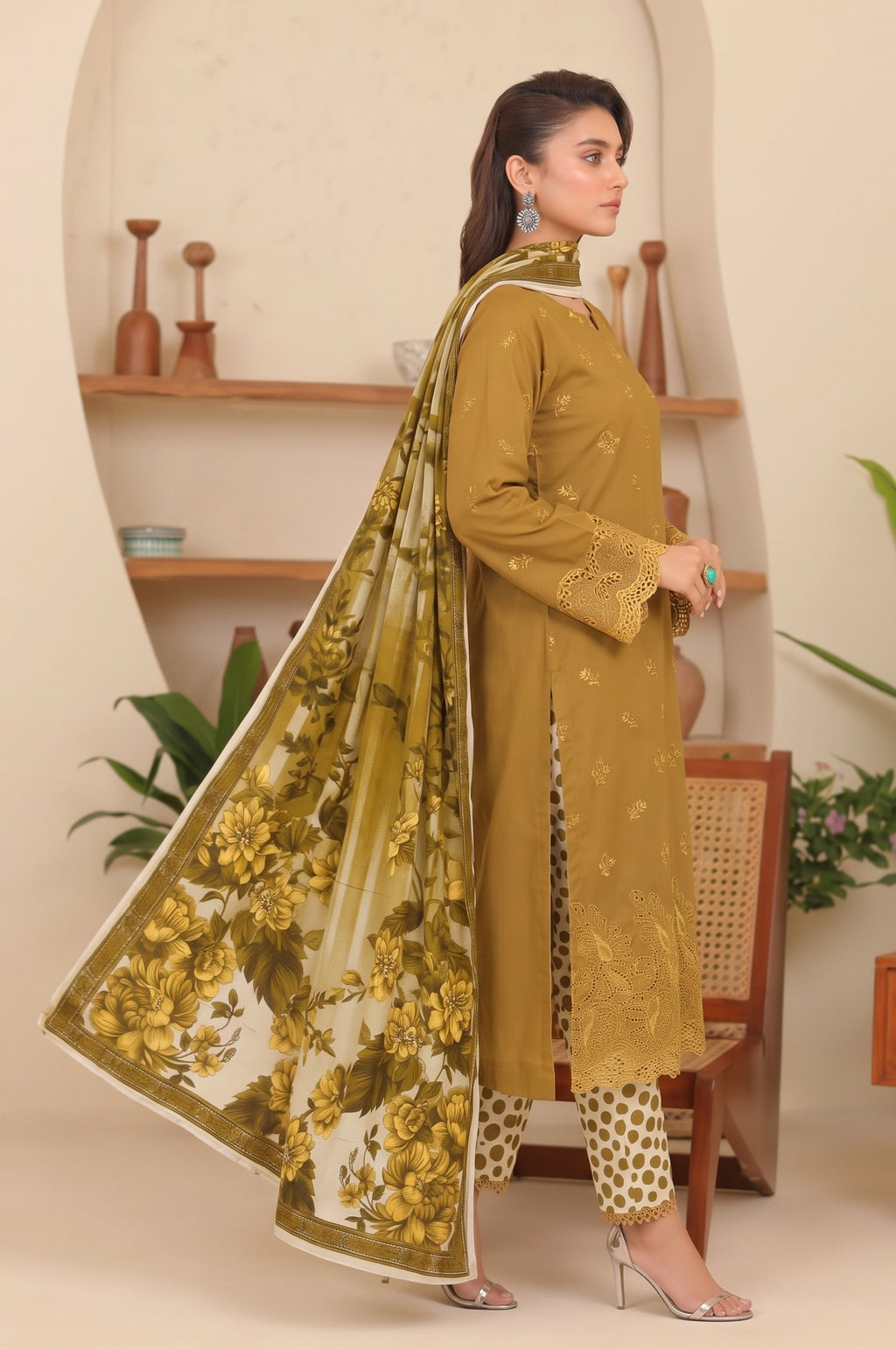 Olive Embroidered Printed Khaddar Chicken Kari 3-Piece Suit