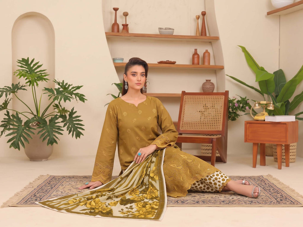 Olive Embroidered Printed Khaddar Chicken Kari 3-Piece Suit