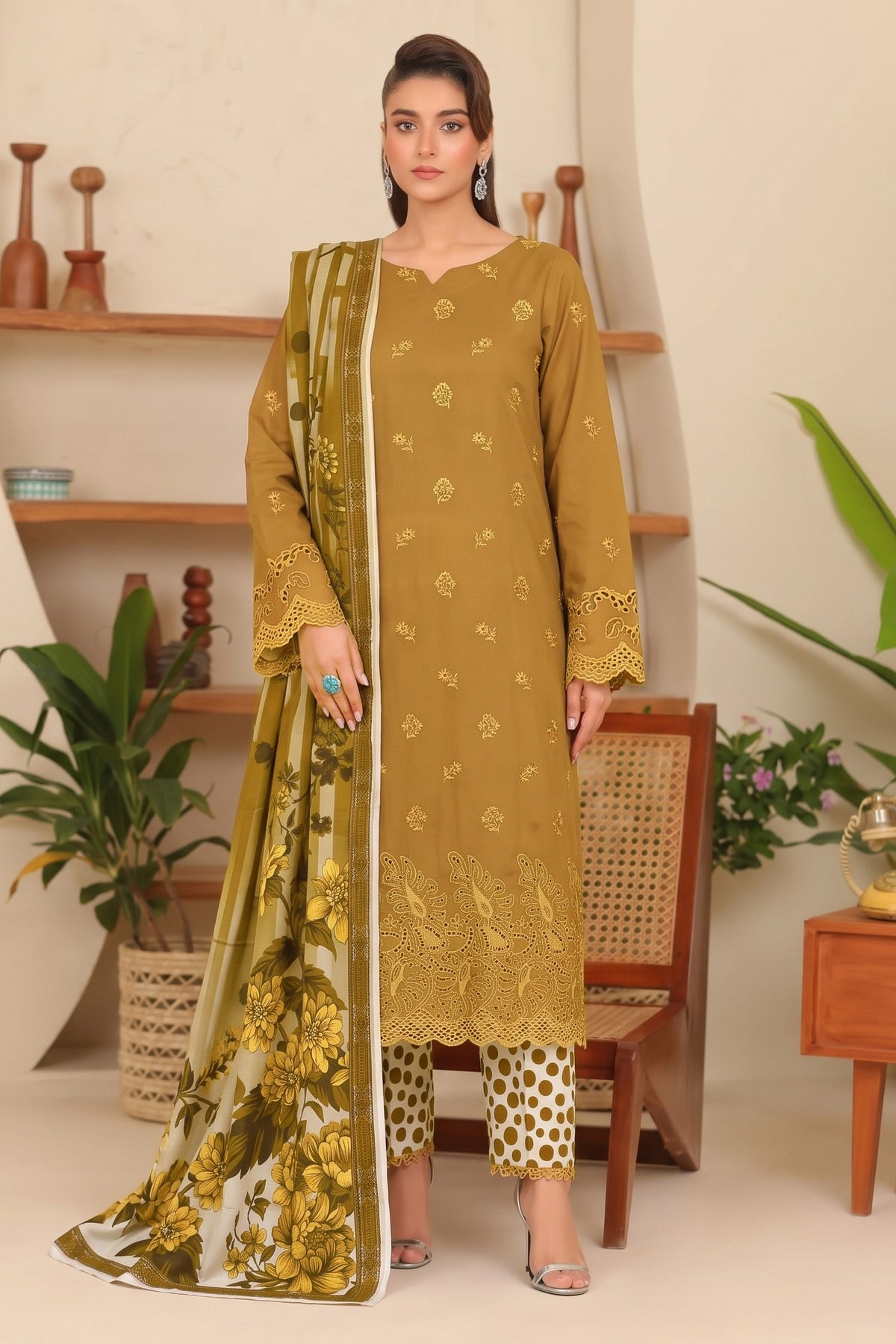Olive Embroidered Printed Khaddar Chicken Kari 3-Piece Suit