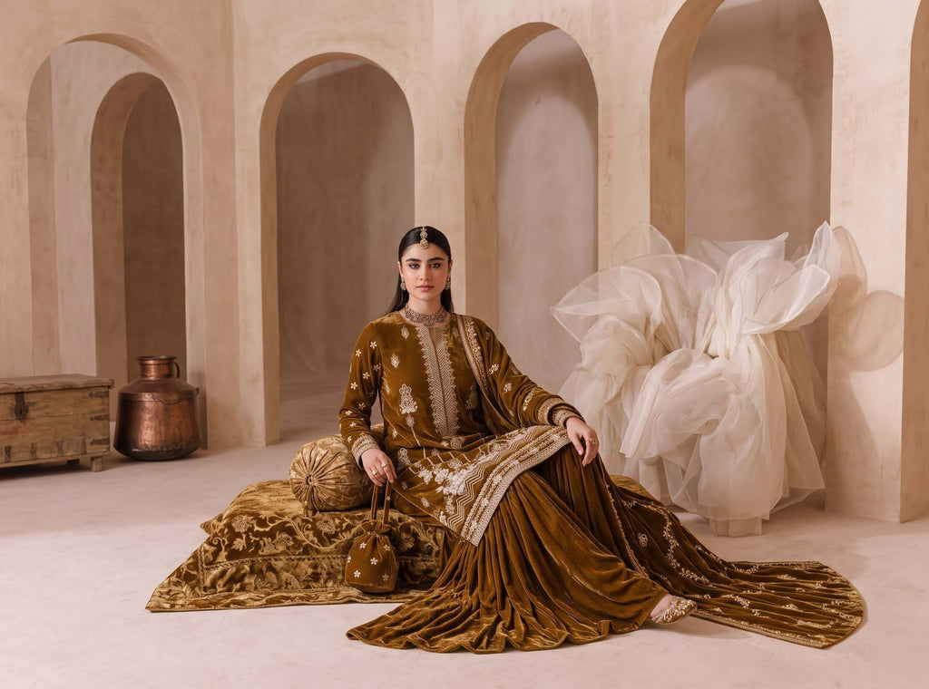 Olive Gold Embroidered Velvet 3-Piece Wedding Suit