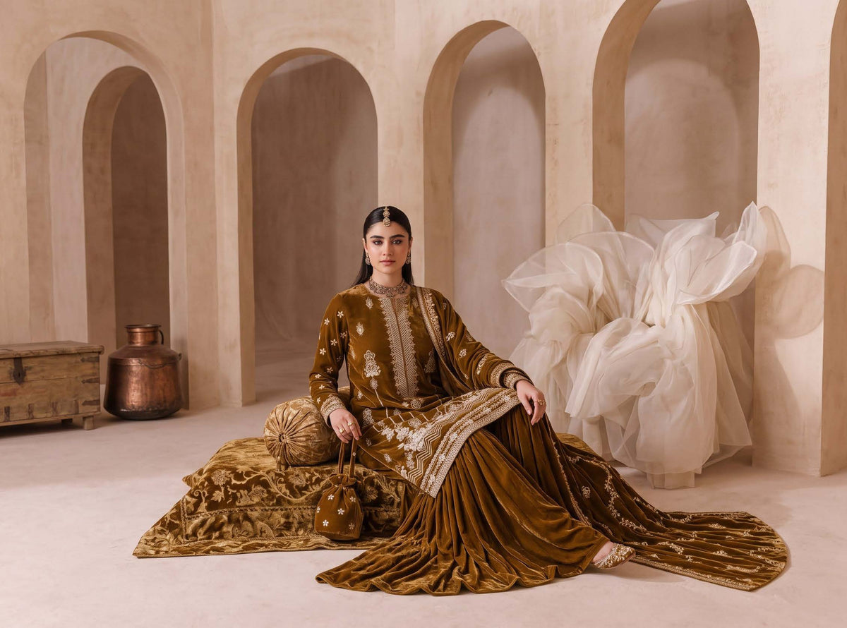 Olive Gold Embroidered Velvet 3-Piece Wedding Suit
