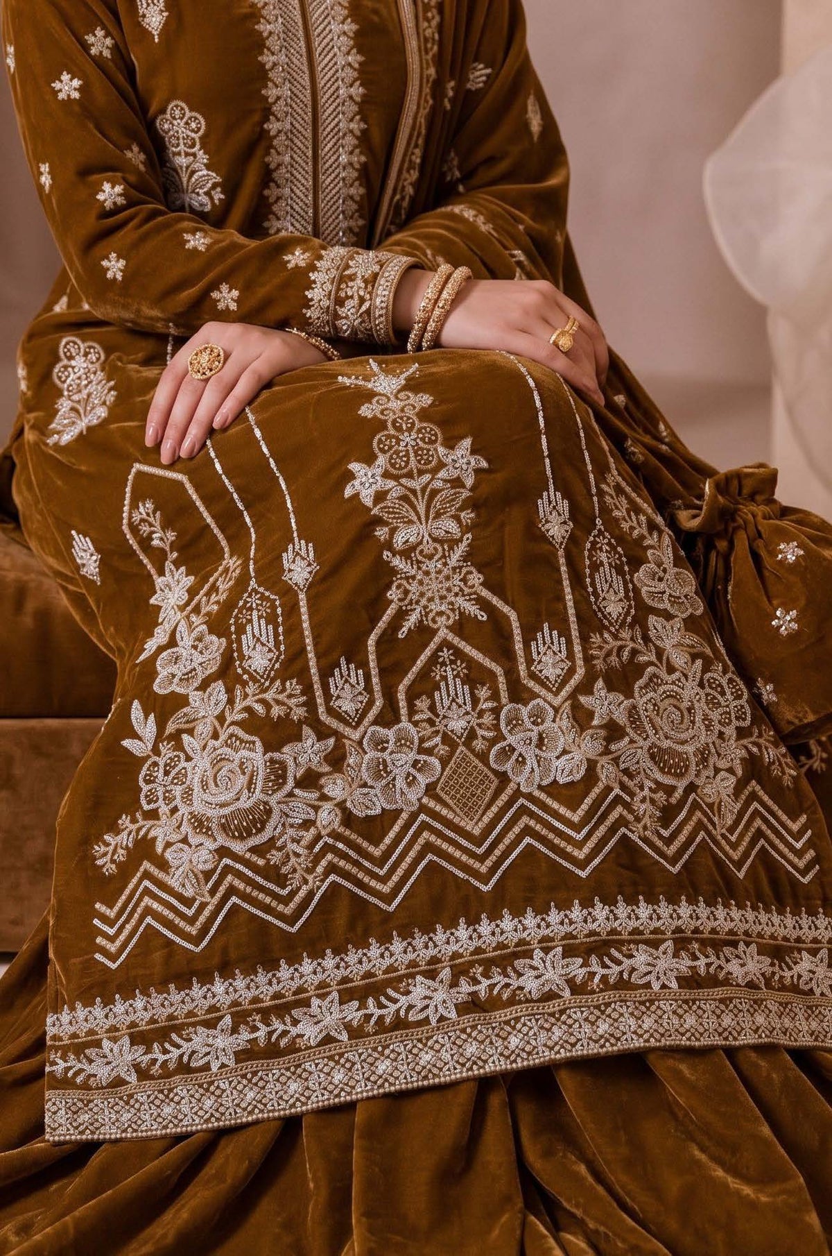 Olive Gold Embroidered Velvet 3-Piece Wedding Suit