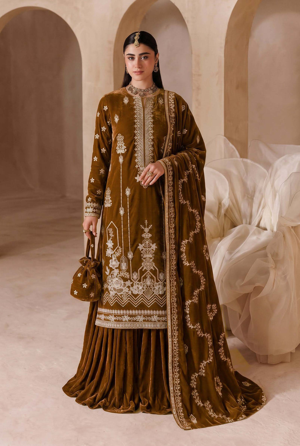 Olive Gold Embroidered Velvet 3-Piece Wedding Suit