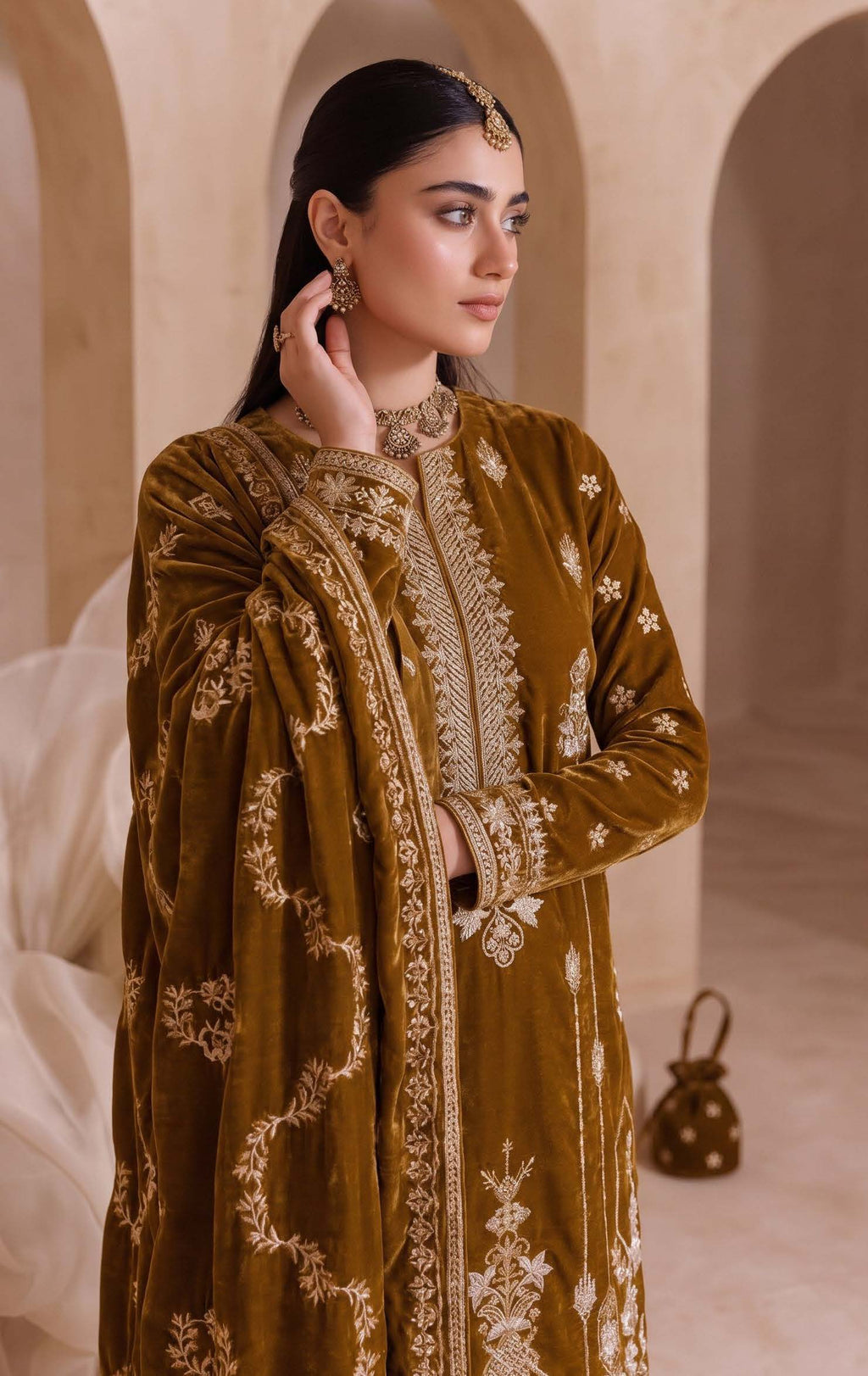 Olive Gold Embroidered Velvet 3-Piece Wedding Suit