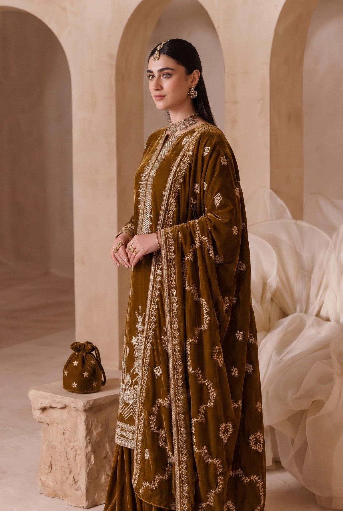 Olive Gold Embroidered Velvet 3-Piece Wedding Suit