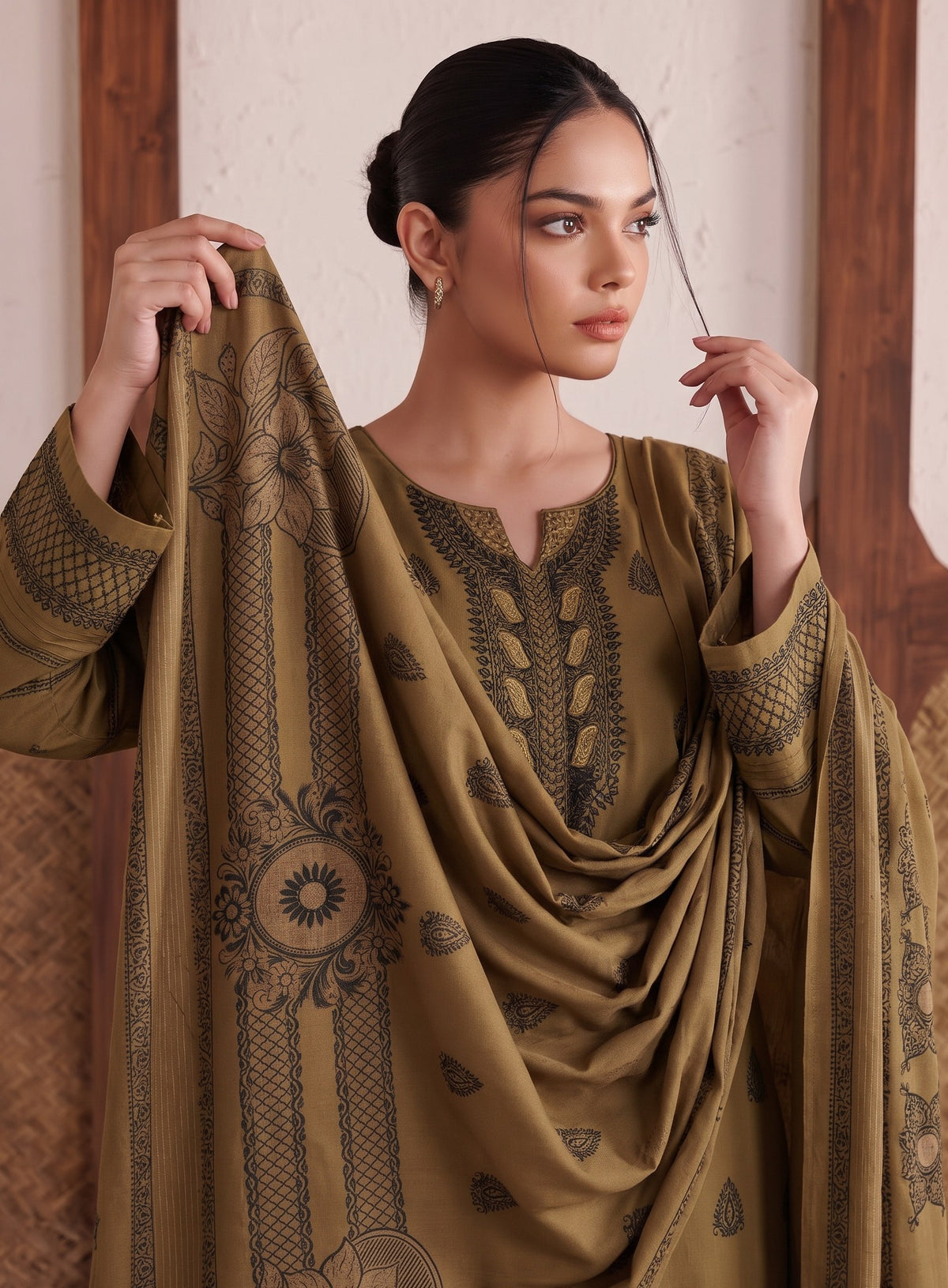 Olive Green Premium Velvet Barosha 3 Piece Suit– Unstitched