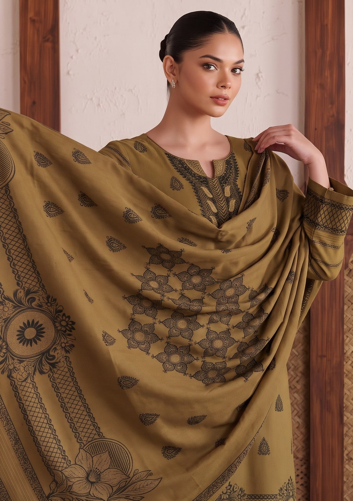 Olive Green Premium Velvet Barosha 3 Piece Suit– Unstitched