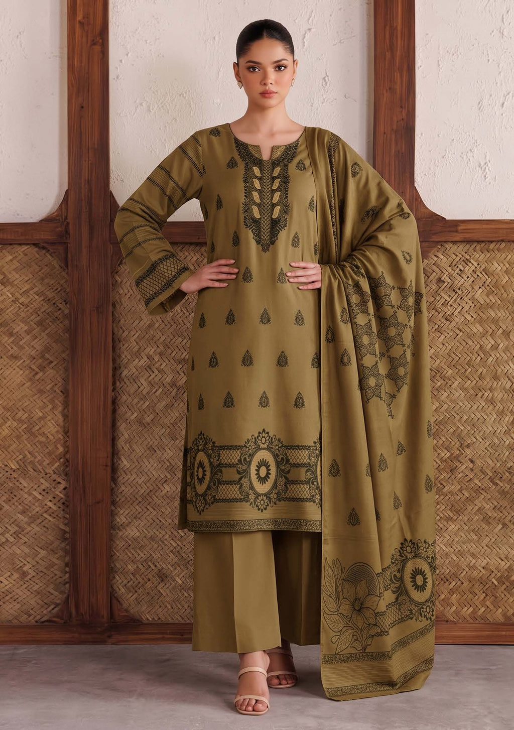 Olive Green Premium Velvet Barosha 3 Piece Suit– Unstitched