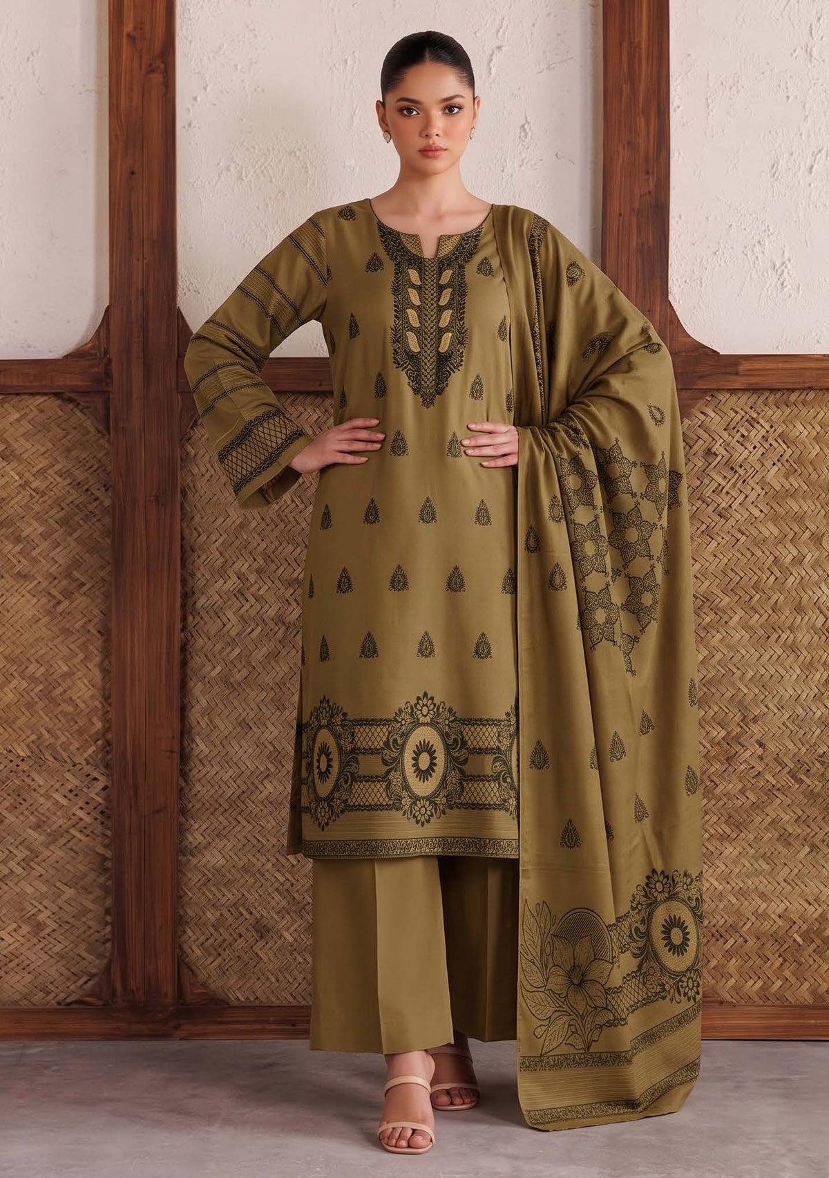 Olive Green Premium Velvet Barosha 3 Piece Suit– Unstitched