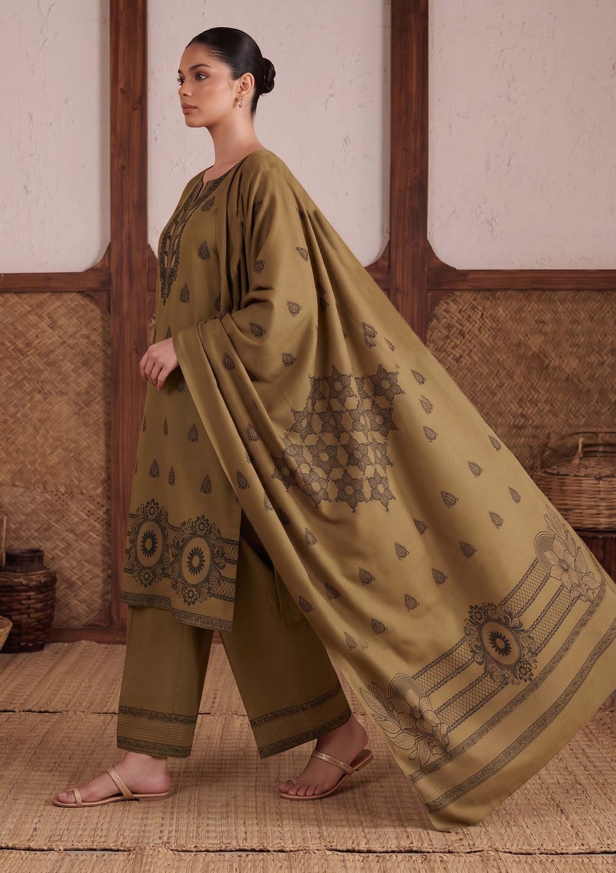 Olive Green Premium Velvet Barosha 3 Piece Suit– Unstitched