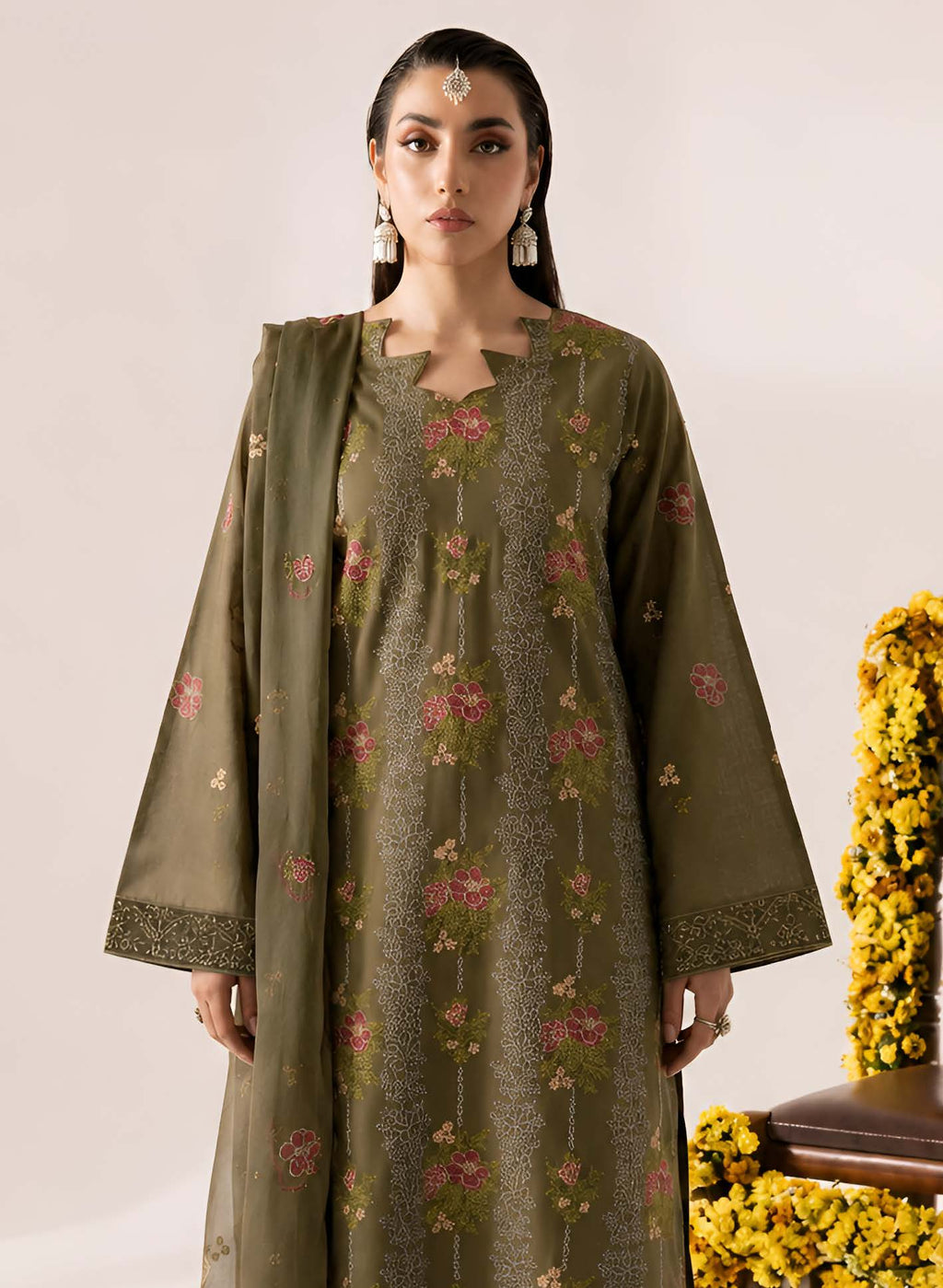 Olive Green Embroidered Karandi 3-Piece Suit – Unstitched