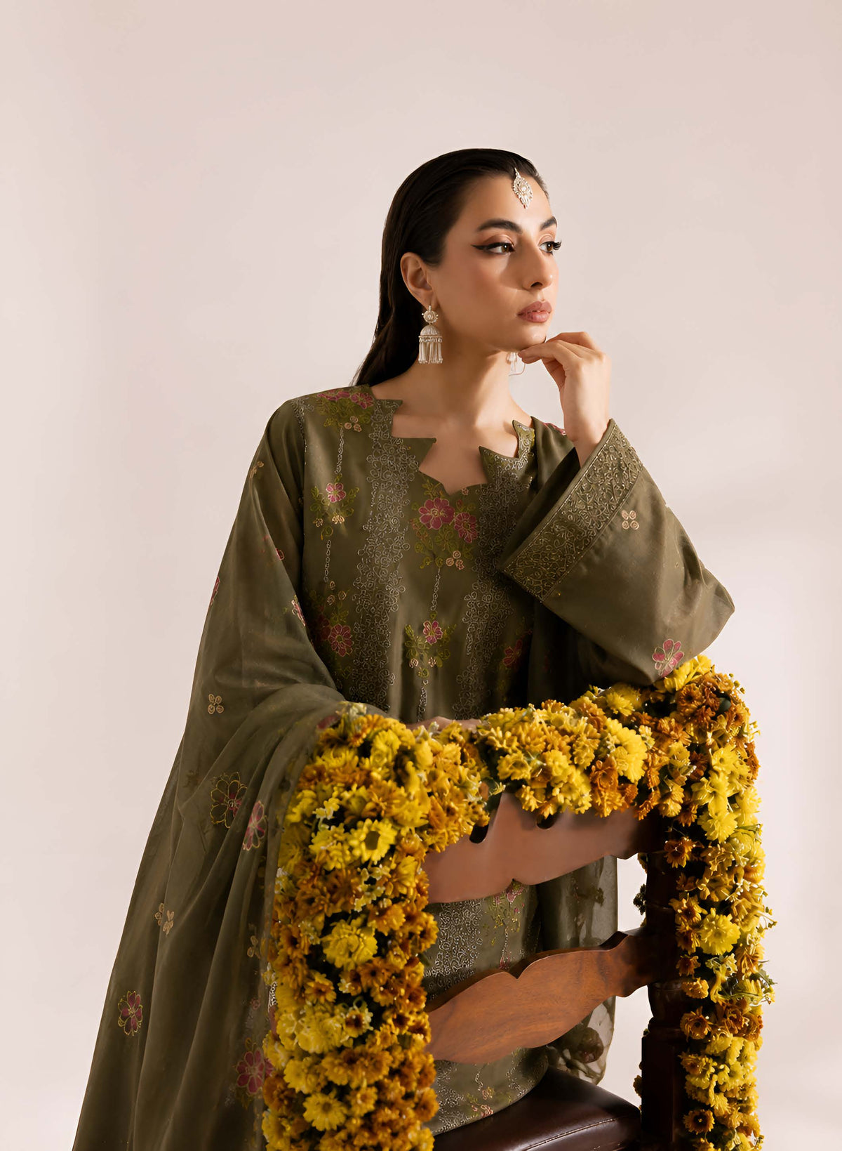 Olive Green Embroidered Karandi 3-Piece Suit – Unstitched