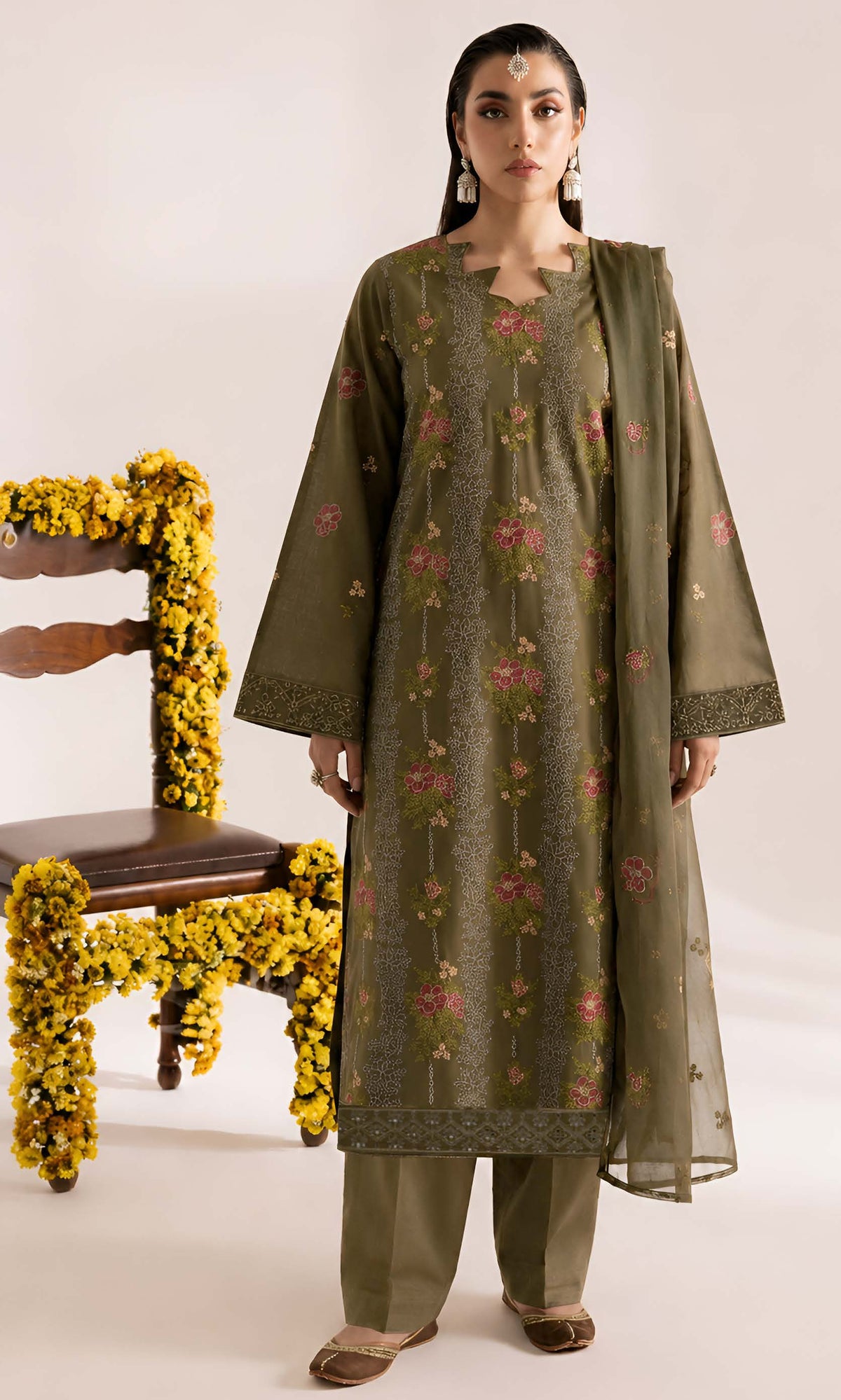 Olive Green Embroidered Karandi 3-Piece Suit – Unstitched
