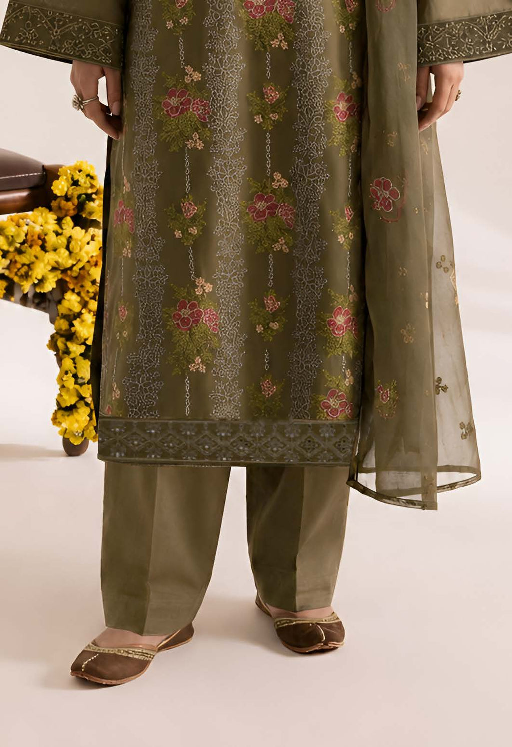 Olive Green Embroidered Karandi 3-Piece Suit – Unstitched