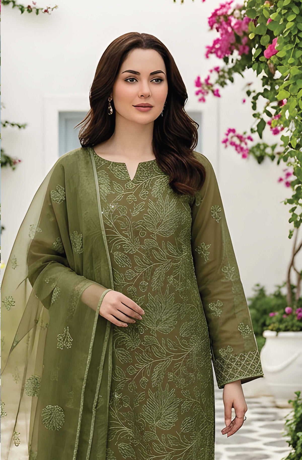 Olive Green Unstitched Embroidered Lawn Suit 3-Piece
