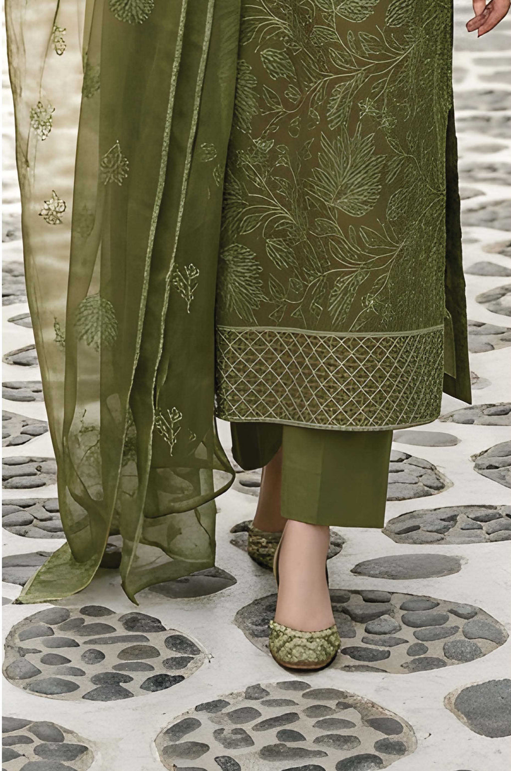 Olive Green Unstitched Embroidered Lawn Suit 3-Piece