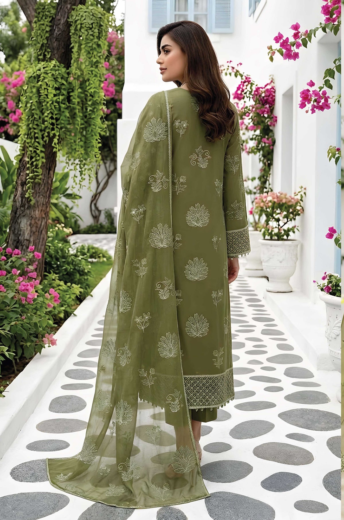 Olive Green Unstitched Embroidered Lawn Suit 3-Piece