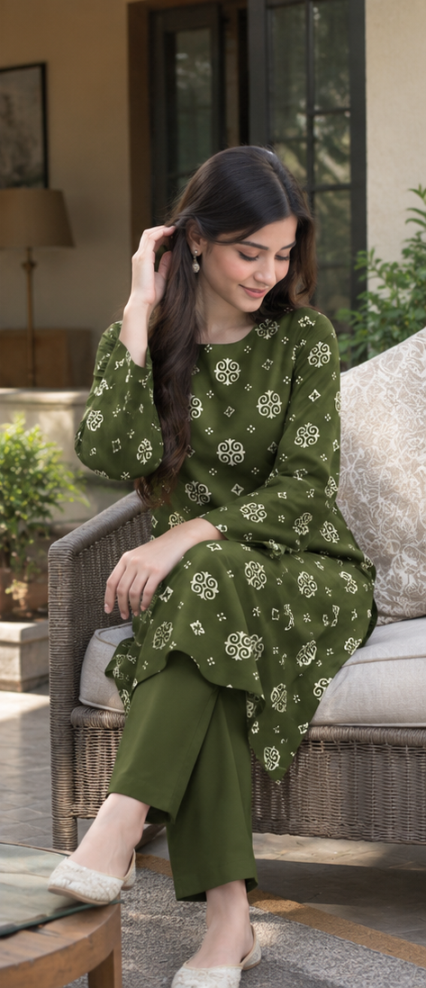 Olive Green Unstitched Printed Lawn 2-Piece Suit