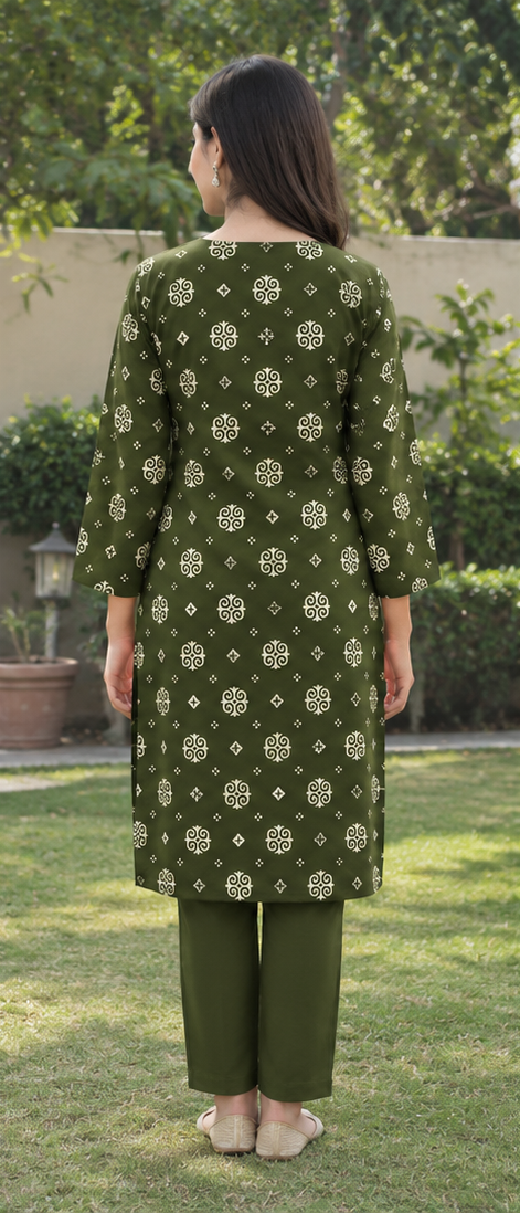 Olive Green Unstitched Printed Lawn 2-Piece Suit