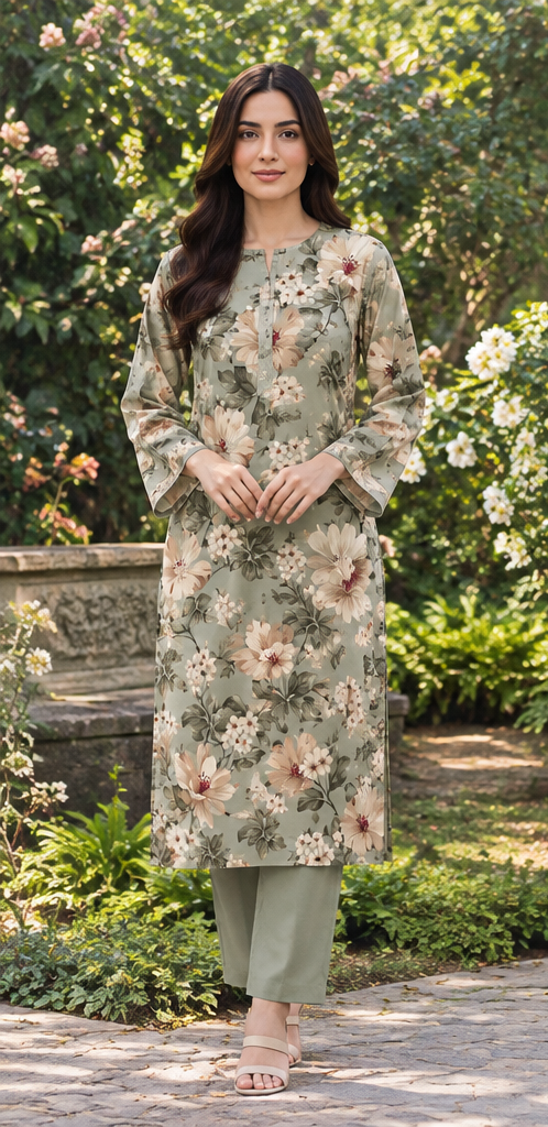 Olive Green Unstitched Printed Lawn 2-Piece Suit
