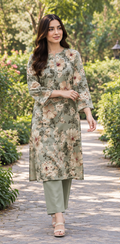 Olive Green Unstitched Printed Lawn 2-Piece Suit