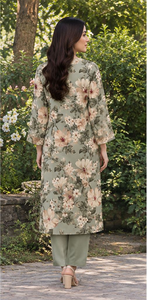 Olive Green Unstitched Printed Lawn 2-Piece Suit