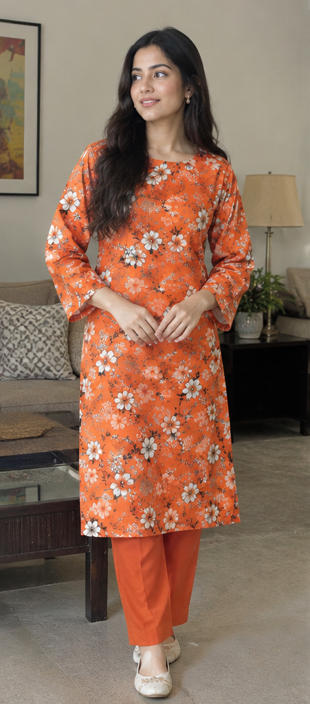 Orange Unstitched Printed Lawn 2-Piece Suit