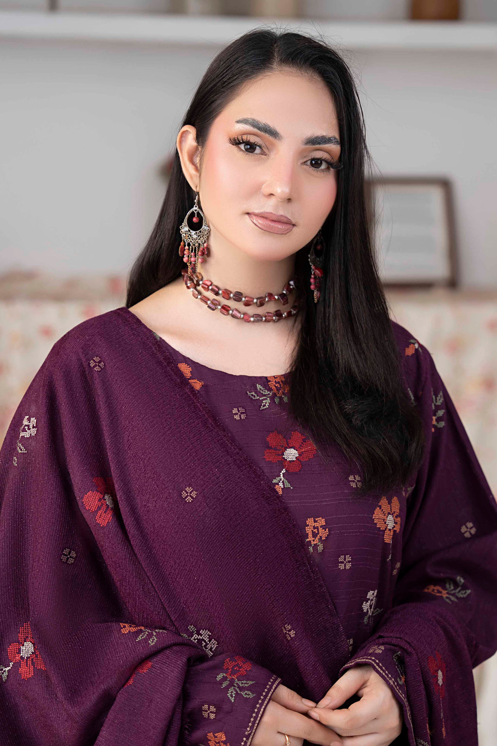 PLUM PURPLE LUXURY EMBROIDERED VELVET CRYSTAL SET