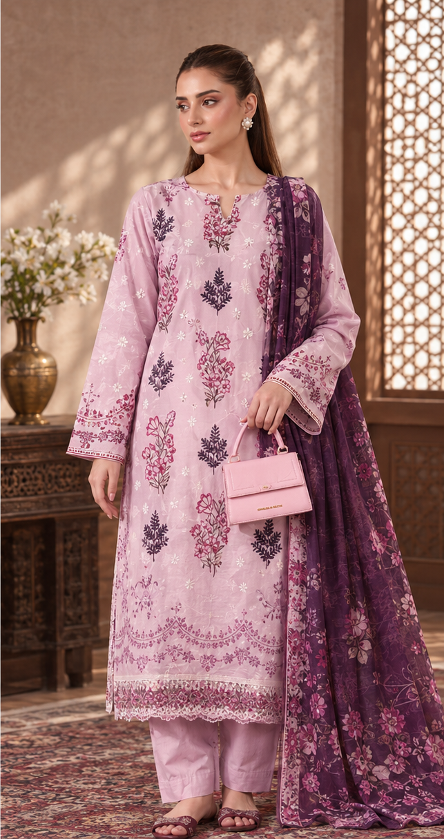 Pastel Plum Unstitched Embroidered Digital Lawn Suit 3-Piece
