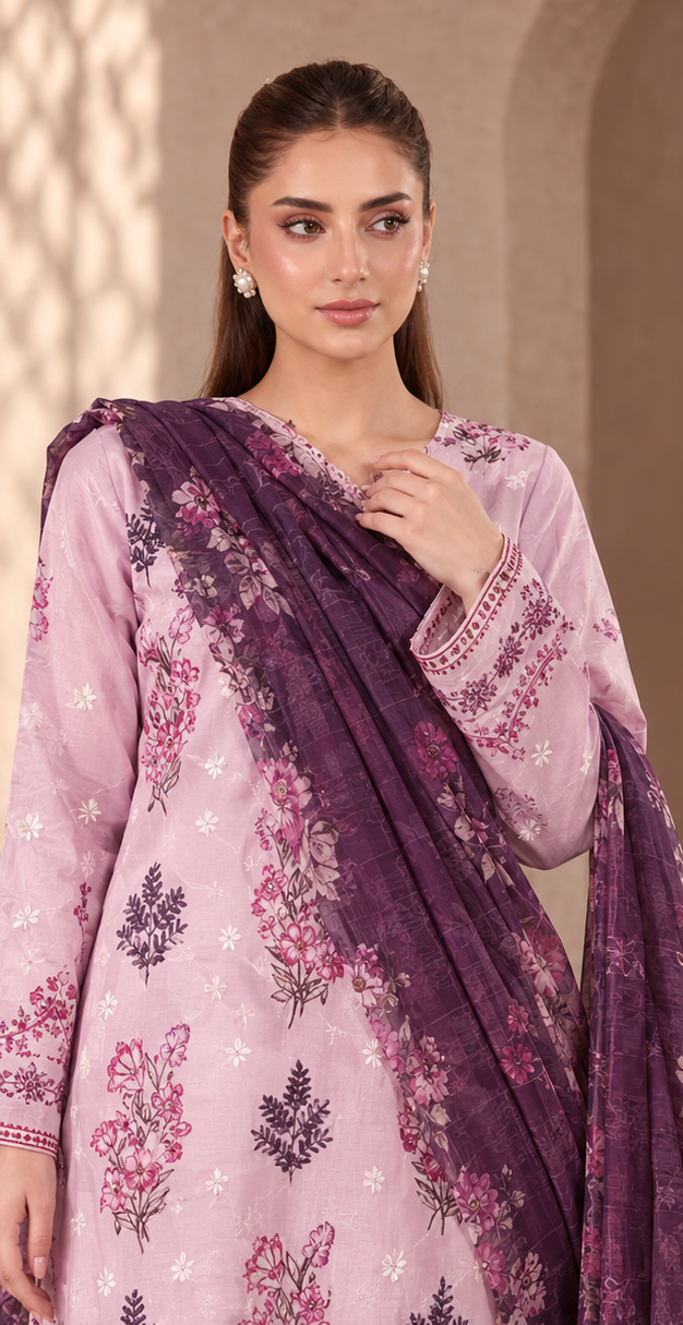 Pastel Plum Unstitched Embroidered Digital Lawn Suit 3-Piece