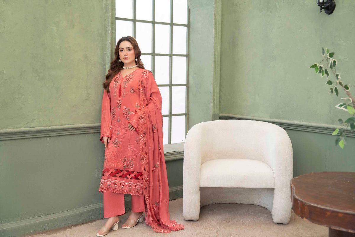 Peach Pink Embroidered Piece Suit with Crinkle Dupatta 3-Piece Suit