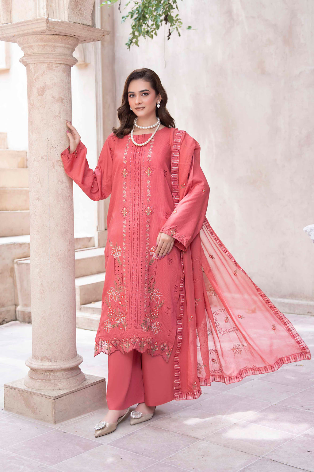 DUSTY ROSE EMBROIDERED SLUB ZARI VISCOSE SET
